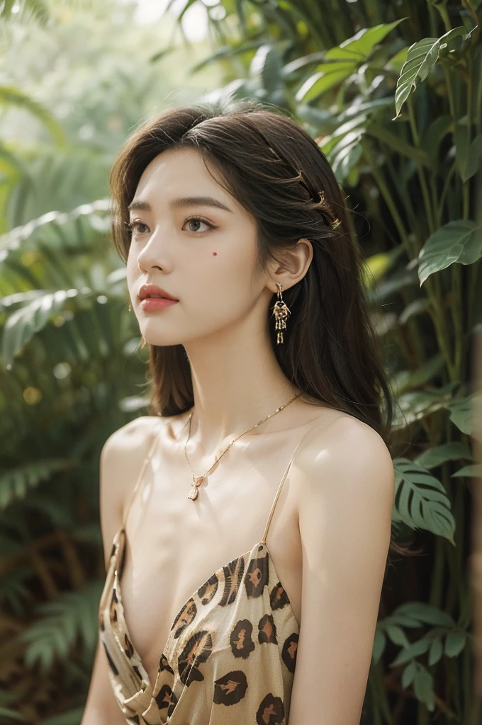 (((best quality))),(((ultra detailed))),(((masterpiece))),illustration,((1 beautiful girl,solo)),(shoulder length messy hair:1.2),((Beast bone earrings and necklace)),((slim,thin)),((small breasts,flat chest)),(slender legs:1.2),fair complexion,(leopard print panel dress:1.3),seductive,wild spirit,lush forest,primitive,tall trees,green canopy, sunlight filter,scent of earth,bird chirping,small creatures,secluded spot,captivating,enigmatic,raw energy,untamed spirit,morden day Eve,Garden of Eden,playful,adventurous,striking appearance,exotic setting,summertime,heat,humidity,vibrant colours,endless possibilities,exquisite detail,expansive wilderness,feminine allure,((from front,upper body))
