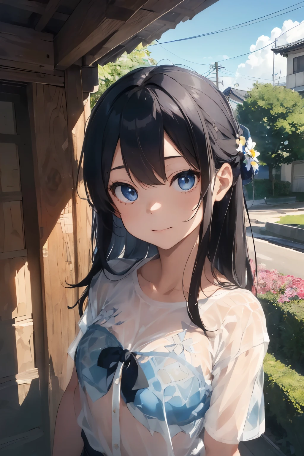 ((Highest quality)), ((masterpiece)), (detailed), (Japanese),13 years old, Black Hair,(Childish face), (Long Hair), Girl, small Breasts, ((topless)), ((Blue eyes)),half-smile ,Sunlight, arched back, (extreme_close_up) , riverbank, flower garden,((See-through shirt)),(Sheer shirt),