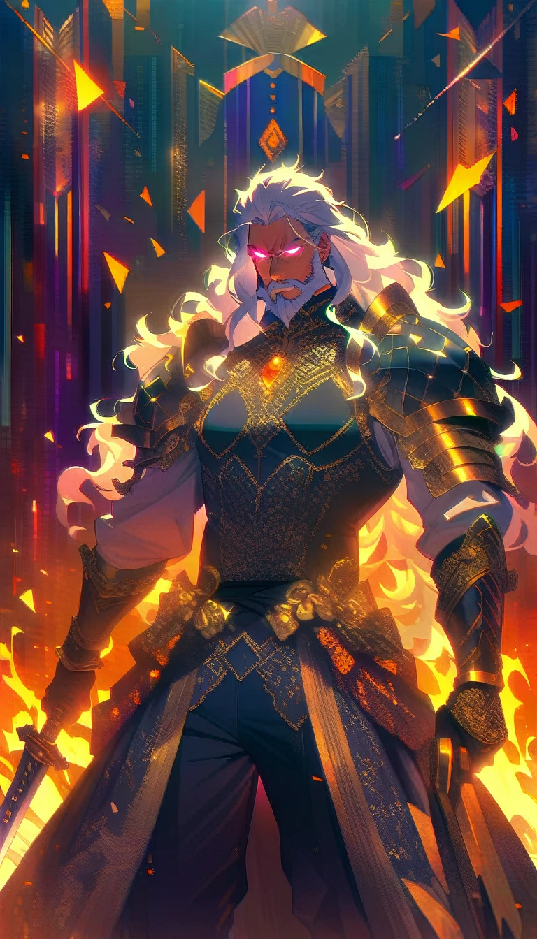 ((best quality)) , ((masterpiece)) , (detailed),weapon, armor, holding, long hair, facial hair, glowing eyes, 1boy, male focus, holding weapon, glowing, sword, outdoors, helmet, braid, teeth, fire, shoulder armor, pants, grey hair, beard, bangs, holding sword, muscular male, white hair,(((art deco style. geometric shapes, bold colors, luxurious, elegant, decorative, symmetrical, ornate, detailed)))