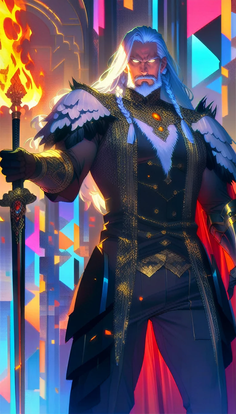 ((best quality)) , ((masterpiece)) , (detailed)，weapon, armor, holding, long hair, facial hair, glowing eyes, 1boy, male focus, holding weapon, glowing, sword, outdoors, helmet, braid, teeth, fire, shoulder armor, pants, grey hair, beard, bangs, holding sword, muscular male, white hair,(((art deco style. geometric shapes, bold colors, luxurious, elegant, decorative, symmetrical, ornate, detailed)))