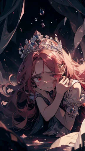 Princess is crying, scared, wide eyes, dark room, dark red crystals surrounding the princess, praying, asking for help