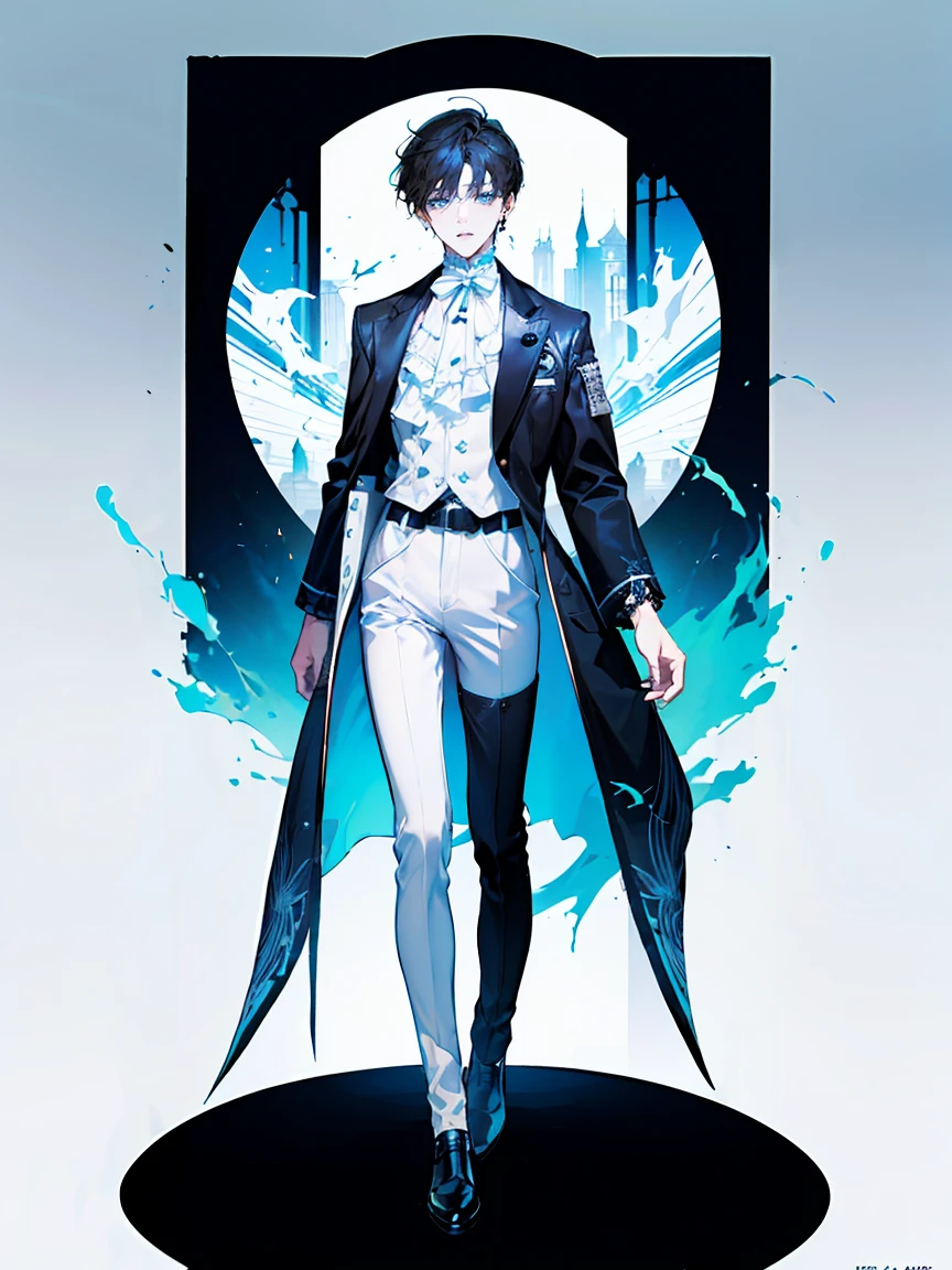 ((full body: 2)), ((UHD, masterpiece, super detail, best quality, highres, 8k)), (detailed line art), perfect face, perfect body, perfect hands, perfect feet.
Humans, around 20 years old, (2 males: 2.0), ((two characters)), male idols, (simple background, magazine cover style: 1.5).
Features of the first person :Gentle atmosphere, standing on the right, (bright blonde hair), (parallel eyebrows, light blue eyes, droopy eyes, thin lips), (white top, collarbone-revealing shirt, puffed sleeves shirt, white ribbon decorations:1.5, white frill decorations:1.5, white corset, high-waisted white pants, white belt, white leather shoes), (white ribbon choker), (angelic atmosphere), (looking forward).
Features of the second person : Cool atmosphere, standing on the left, (black hair), (parallel eyebrows, light blue eyes, slanted eyes, thin lips), black top, high-neck top, tight-fitting top, black jacket, short-length jacket, black belt decorations:1.5, black pants, black belt, black leather shoes), (black earrings, black bracelet), (devilish atmosphere), (looking forward).