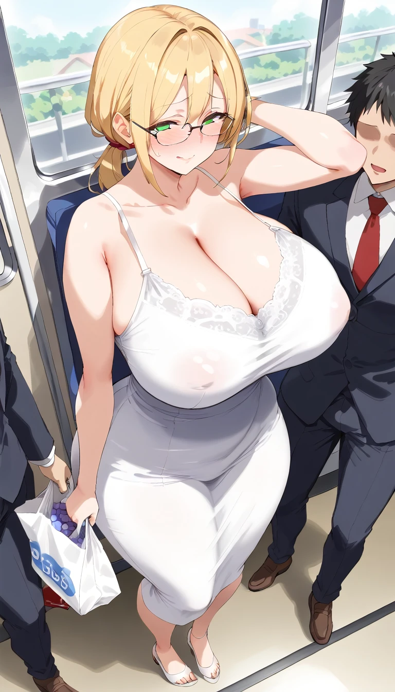 (POV from above), (Best quality: 1.5), (masterpiece: 1.5), (2.5D), (good definition), (detailed face), (well-drawn face), (vivid colors), (1 character) , (exaggerated proportions), (hentai), (perfect anatomy), (character in the center), (absurd), (4k wallpaper), (detailed eyes), (perfect hands), (perfect fingers), (skin beautiful), (glowing skin), (perfect shadows), (perfect lighting), (full body), (beautiful eyes), (masterpiece), (voluptuous body), (pretty face), adult woman, seductive MILF, Face Mature MILF, mature woman, blonde hair with a low and slightly disheveled ponytail, green eyes, wears glasses, wears a knit midi dress, embarrassed and nervous expression, carries a shopping bag, huge breasts, huge thighs, huge butt, body voluptuous, good proportions, inside a train, train ride, behind her there are many men with censored and pixelated faces surrounding her, The man next to him has a huge bulge in his pants.