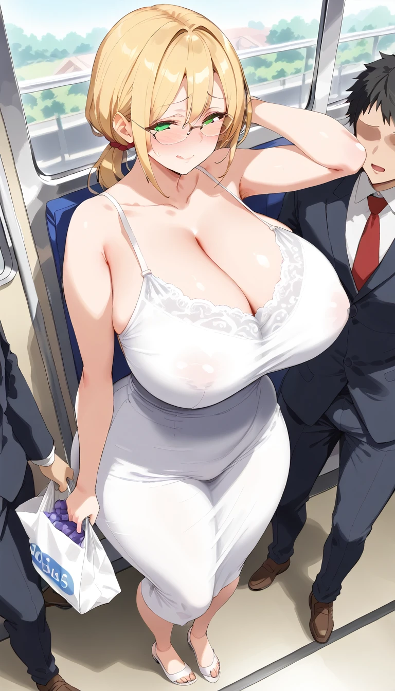 (POV from above), (Best quality: 1.5), (masterpiece: 1.5), (2.5D), (good definition), (detailed face), (well-drawn face), (vivid colors), (1 character) , (exaggerated proportions), (hentai), (perfect anatomy), (character in the center), (absurd), (4k wallpaper), (detailed eyes), (perfect hands), (perfect fingers), (skin beautiful), (glowing skin), (perfect shadows), (perfect lighting), (full body), (beautiful eyes), (masterpiece), (voluptuous body), (pretty face), adult woman, seductive MILF, Face Mature MILF, mature woman, blonde hair with a low and slightly disheveled ponytail, green eyes, wears glasses, wears a knit midi dress, embarrassed and nervous expression, carries a shopping bag, huge breasts, huge thighs, huge butt, body voluptuous, good proportions, inside a train, train ride, behind her there are many men with censored and pixelated faces surrounding her, The man next to him has a huge bulge in his pants.