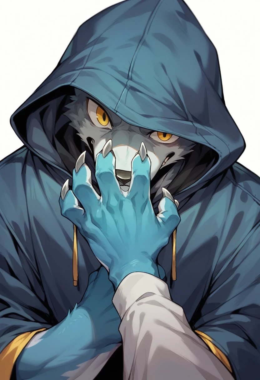 mysterious cool man with dark blue hooded coat, covered face in black, yellow eyes, blue paws, grey metal claws on his hands with ice