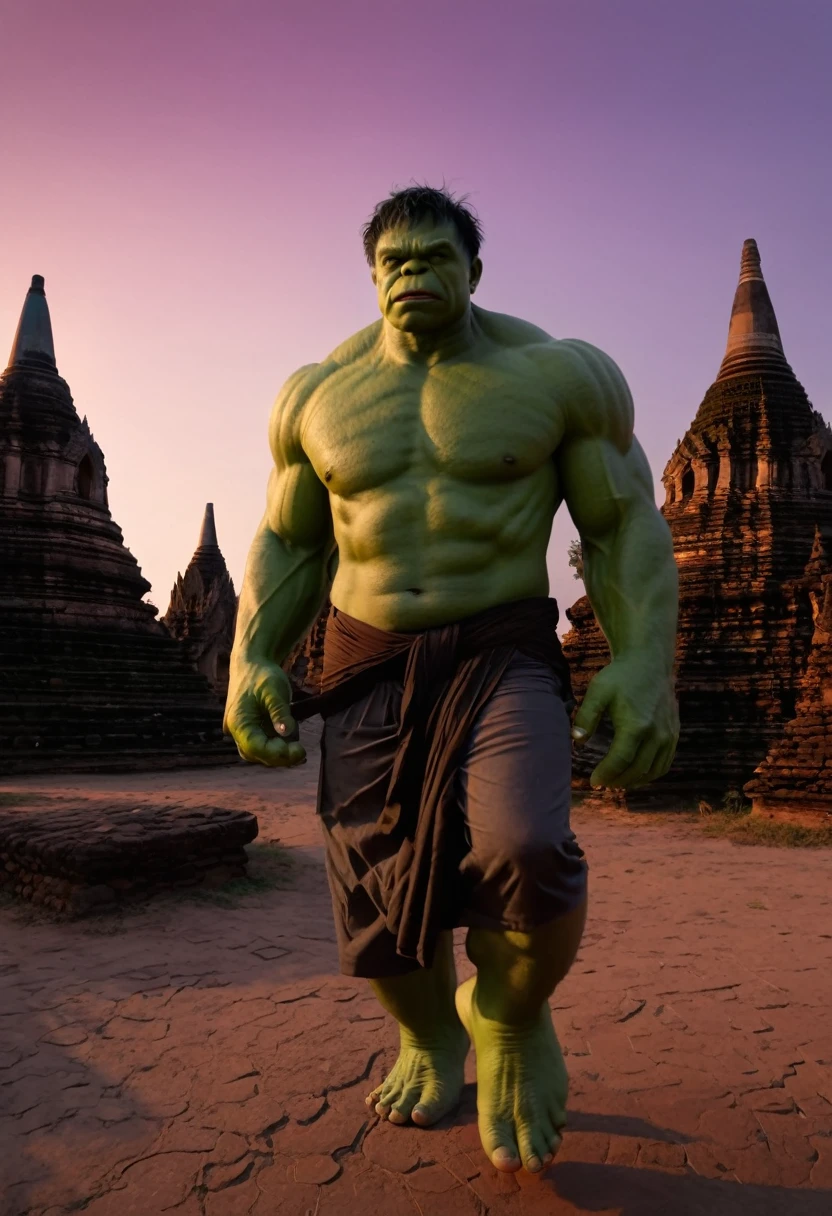 Green Hulk walking in the ancient Bagan city, hyper-realistic, sunset, detailed, temples in Bagan, cinematic, 8K