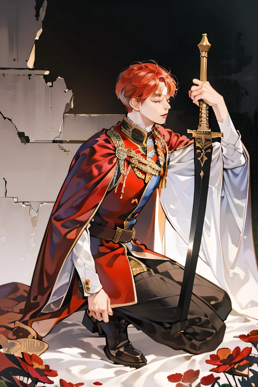 a young man with short red hair, closed eyes, wearing royal clothes, profile angle, kneeling on one leg holding a heavy sword and red cape, red flower, solo, The West
