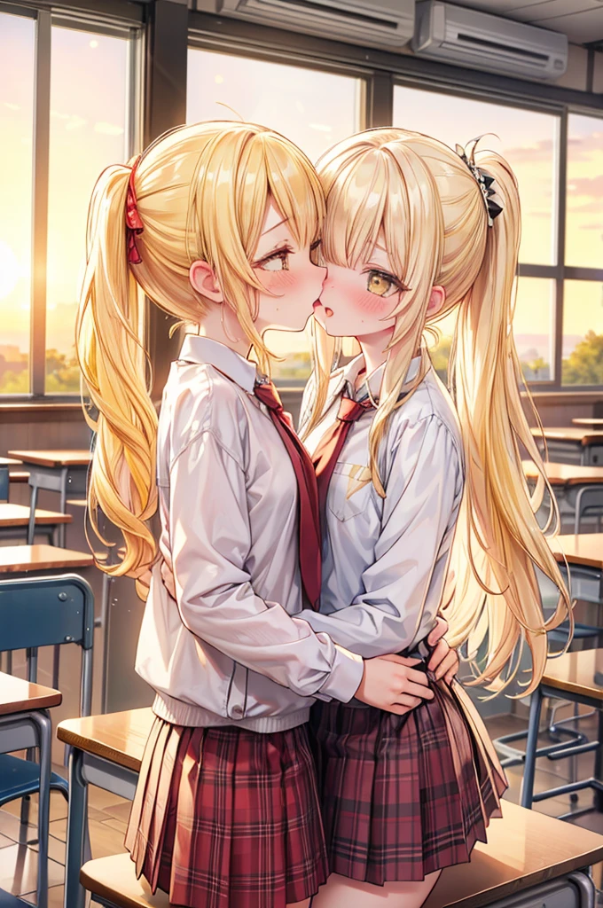 masterpiece, best quality, nsfw,
2girl, kiss,
summer , plaid skirt, yellow hair, ponytail, embarrassed face,
classroom, sunset,