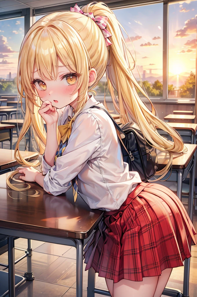 masterpiece, best quality, nsfw,
 2girl, kiss, 
 summer , plaid skirt, yellow hair, ponytail, embarrassed face, 
 classroom, sunset,