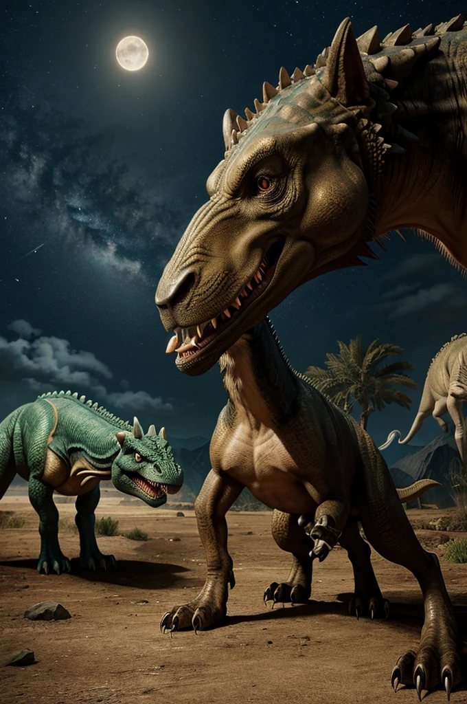 A dog was fight with dinosaurs, with the guns, at night, dinosaurs angry