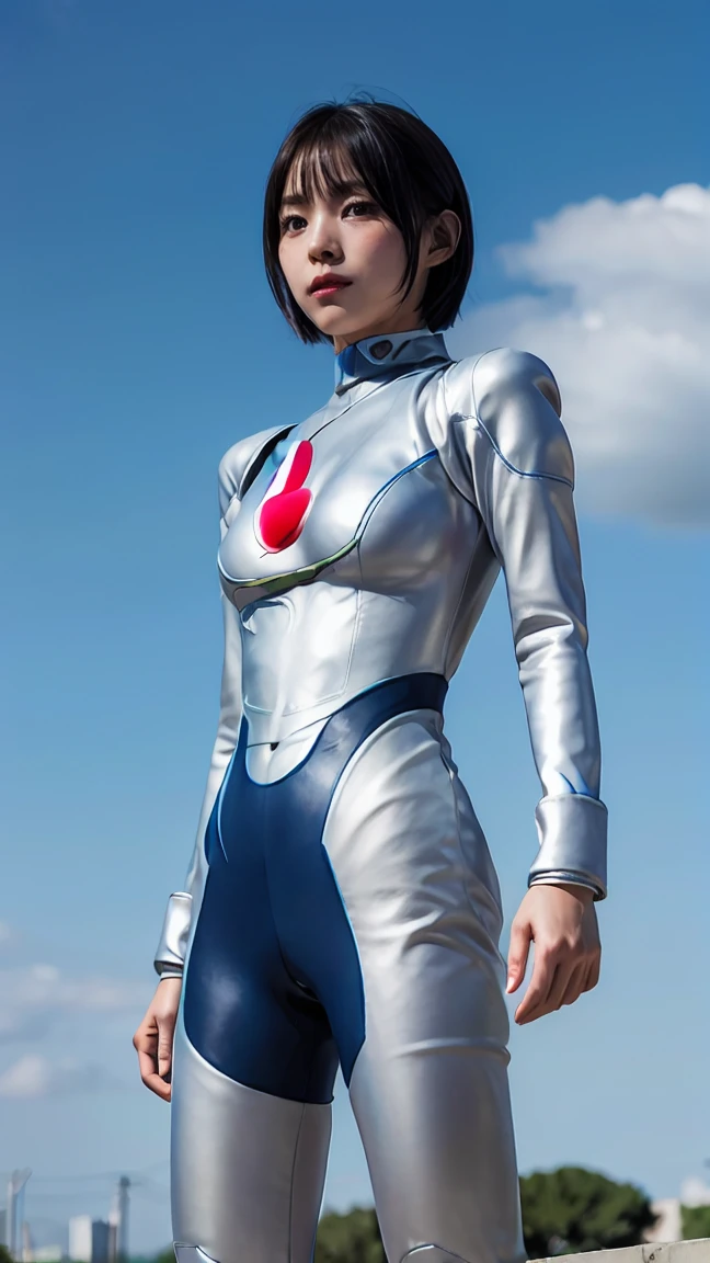  (((blue sky with cloud in background))), Ultraman、realistic、realistic、cinematic lighting, Girl in a shiny red and silver suit、18 years old、professional photo, Japanese model, Japanese cgi、Ultraman Suit、tight and thin cyber suit, Whole body rubbery delicate body, big breasts、small ass、thin thighs、thin arms、thin waist、camel toe、Both sides of the cyber suit stick to the skin、Big eyes、black short hair、facing the front、facing the front、A glowing sphere is embedded in the chest.