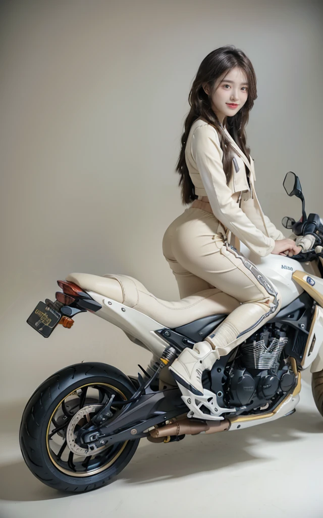 (Practical:1.5), (Practical:1.4), 8K, Ultra HD Beauty 1, Intricate body details, (best quality: 1.0), (Ultra-high sharpness: 1.0), (Thinning hair:1.4),（The eyes are beautifully and delicately depicted）,((((Riding a motorcycle)))),Unreal Engine:1.4,photoPractical:1.4, Texture:1.4, masterpiece:1.8,best quality at best, ((full-body shot))、(((Beige knight suit))、((Long leather pants and racing boots)))、Long limbs、Smile、((Braided Hair))
