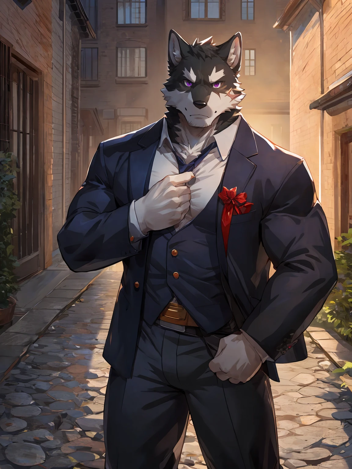 embedding:black wolf, male,purple eyes,Scar on the face, scar on the body,Single person,Black suit,With the box in his hand,Tall, mature,father,A modern manor,In the courtyard,Gravel road,Serious,Handsome, silent,Maturity,The highest quality of scene detail,adult,Tall and powerful,muscle,Exquisite scenes,Best quality hands, best quality eye,detailed fur,Delicate eyes.Extreme picture quality,by sollyz,by zixiong,by milkytiger1145