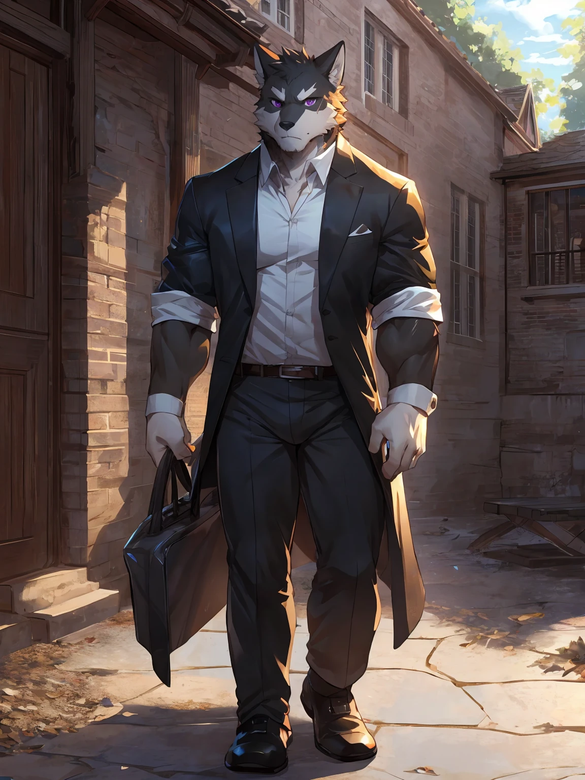 embedding:black wolf, male,purple eyes,Scar on the face, scar on the body,Single person，Black suit,With the box in his hand,Tall, mature,father，A modern manor,In the courtyard,Gravel road,Serious,Handsome, silent,Maturity,The highest quality of scene detail,adult,Tall and powerful,muscle，Exquisite scenes,Best quality hands, best quality eye，detailed fur，Delicate eyes.Extreme picture quality，by sollyz,by zixiong,by milkytiger1145