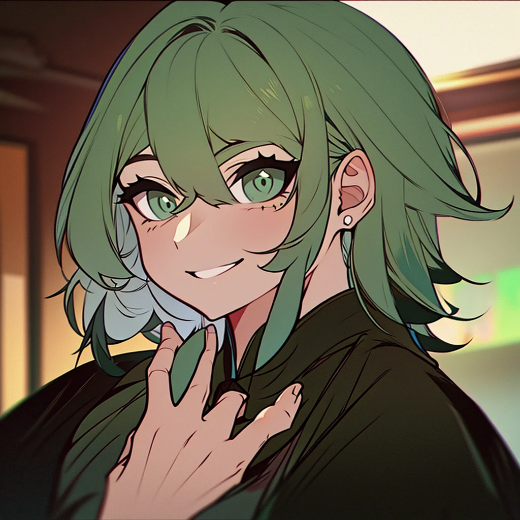 A woman with short wavy green white hair, with bangs parted in the middle, emerald green eyes. wearing a black robe, and the inside of the shirt is green. Is smiling broadly 
