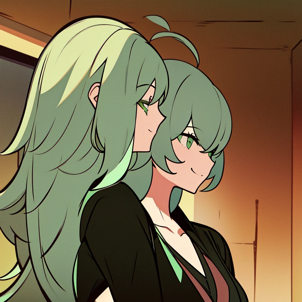 A woman with short wavy green white hair, with bangs parted in the middle, emerald green eyes. wearing a black robe, and the inside of the shirt is green. Is smiling broadly