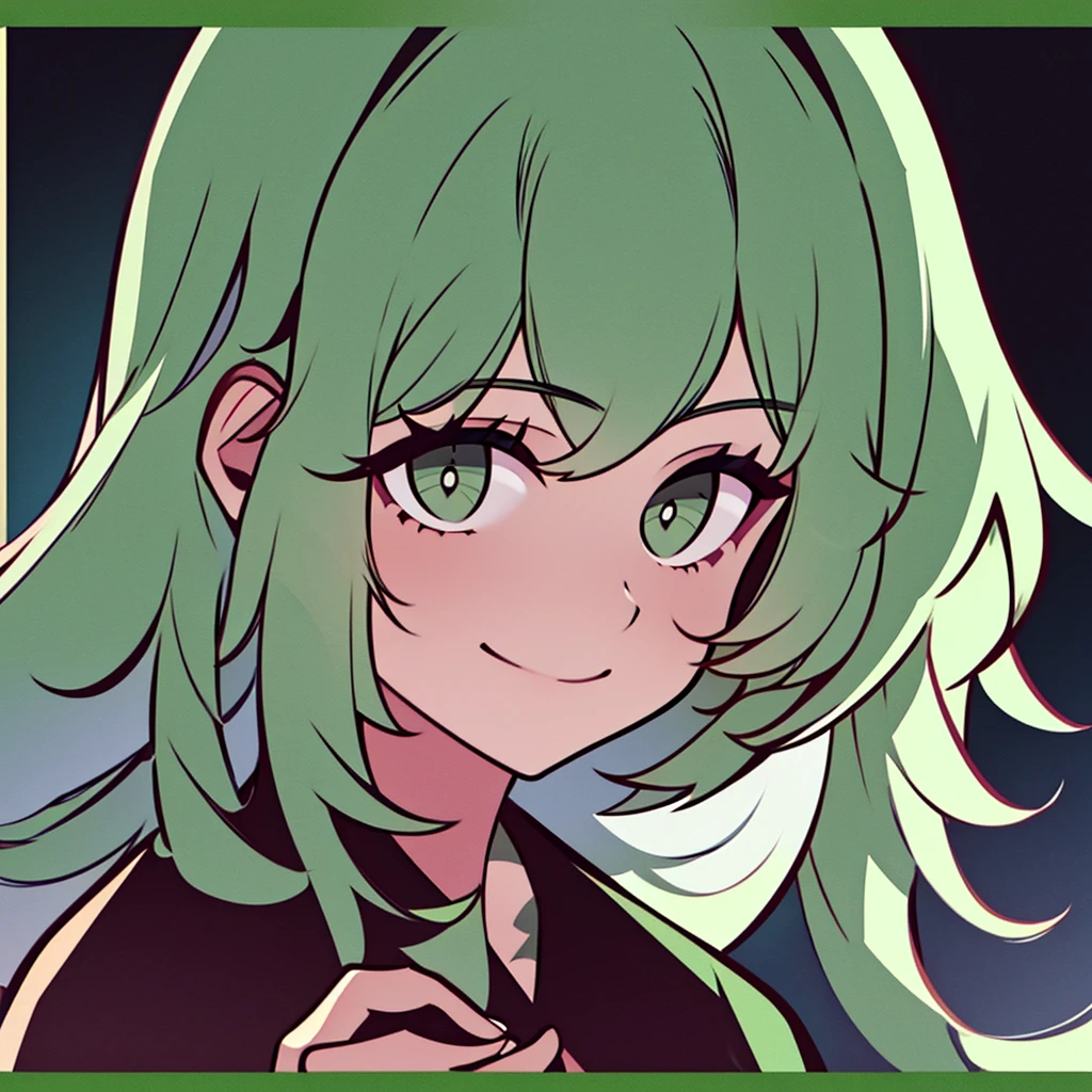 A woman with short wavy green white hair, with bangs parted in the middle, emerald green eyes. wearing a black robe, and the inside of the shirt is green. Is smiling broadly 