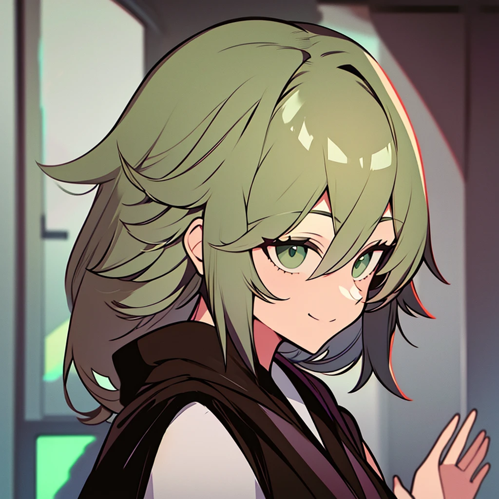 A woman with short wavy green white hair, with bangs parted in the middle, emerald green eyes. wearing a black robe, and the inside of the shirt is green. Is smiling broadly