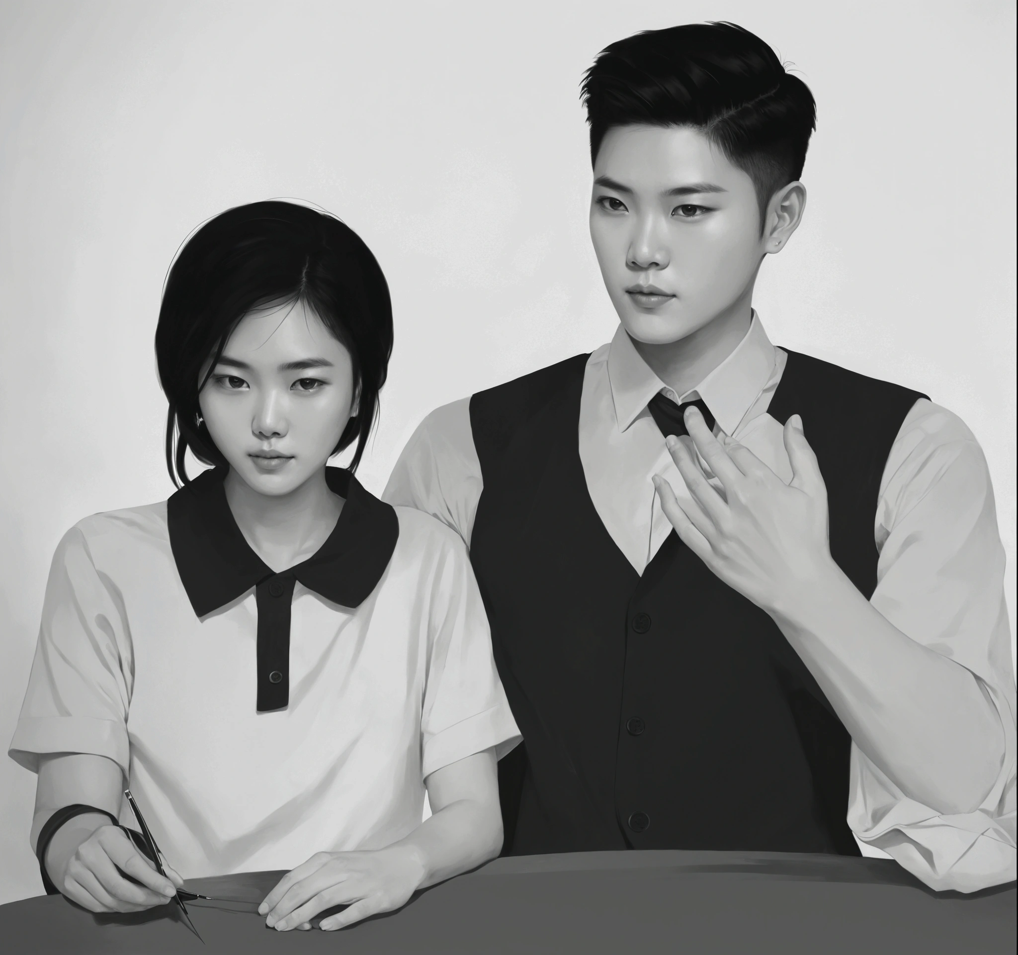There are black and white photographs of men and women., Artwork in the style of gouache, High quality fan art, Inspired by Sim Sa Jung, Inspiration from Xiao Yunkong, Couple poses, Realistic art style, Inspiration from Kim Deuksin, Inspired by Russell Dongjun Lu, Inspiration from Yan Juncheng, digital sketch, Inspiration from Wang Lue