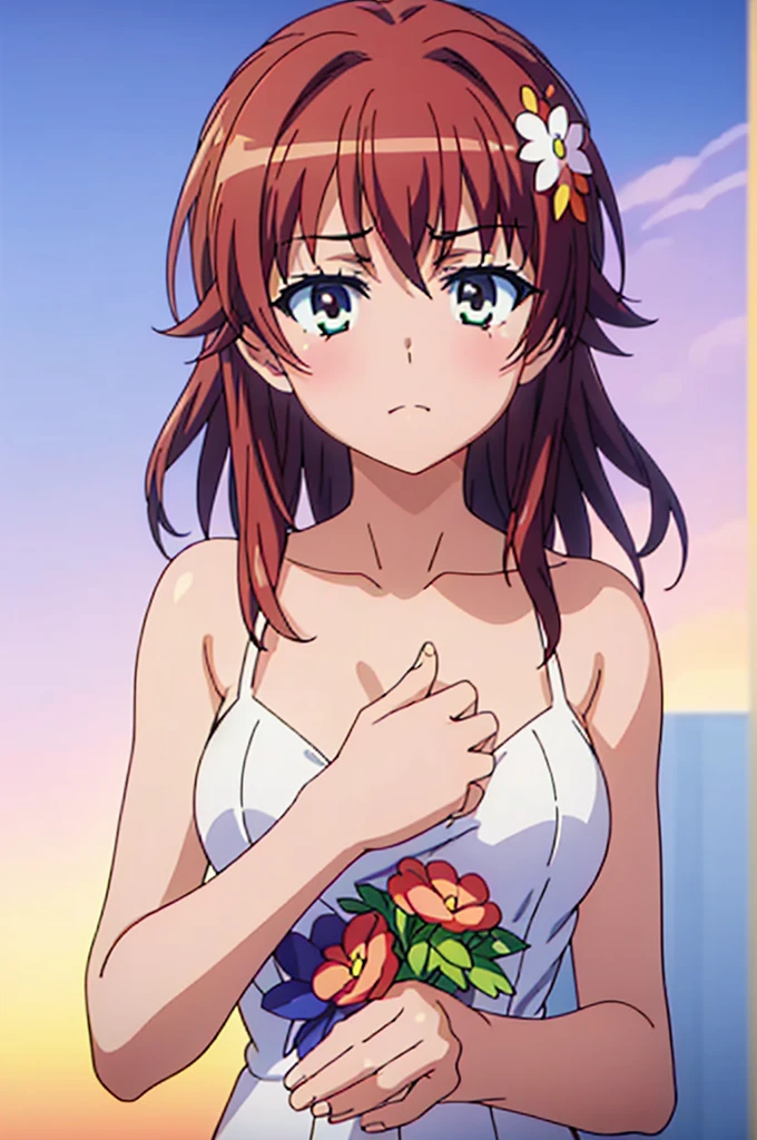 Highest quality, masterpiece, High resolution, alone, Mikoto rose.，（Glaring eyes），（Large Breasts），（big_Areola），Pussy，mansuji，Completely naked，（whole body），Evening sky_background，Young girl，Anime Style, Highest quality, 4K, masterpiece,， alone, 1,whole body，Looking into the camera, Shinkai Makoto style, （red_yellow‗_coat）Sharp eyes，（Full Finger）, （Accurate fingertips）, （Finer details）, （Anatomically correct）, (映画のbackground), Hyper Detail, (Subtle details), (Intricate details),