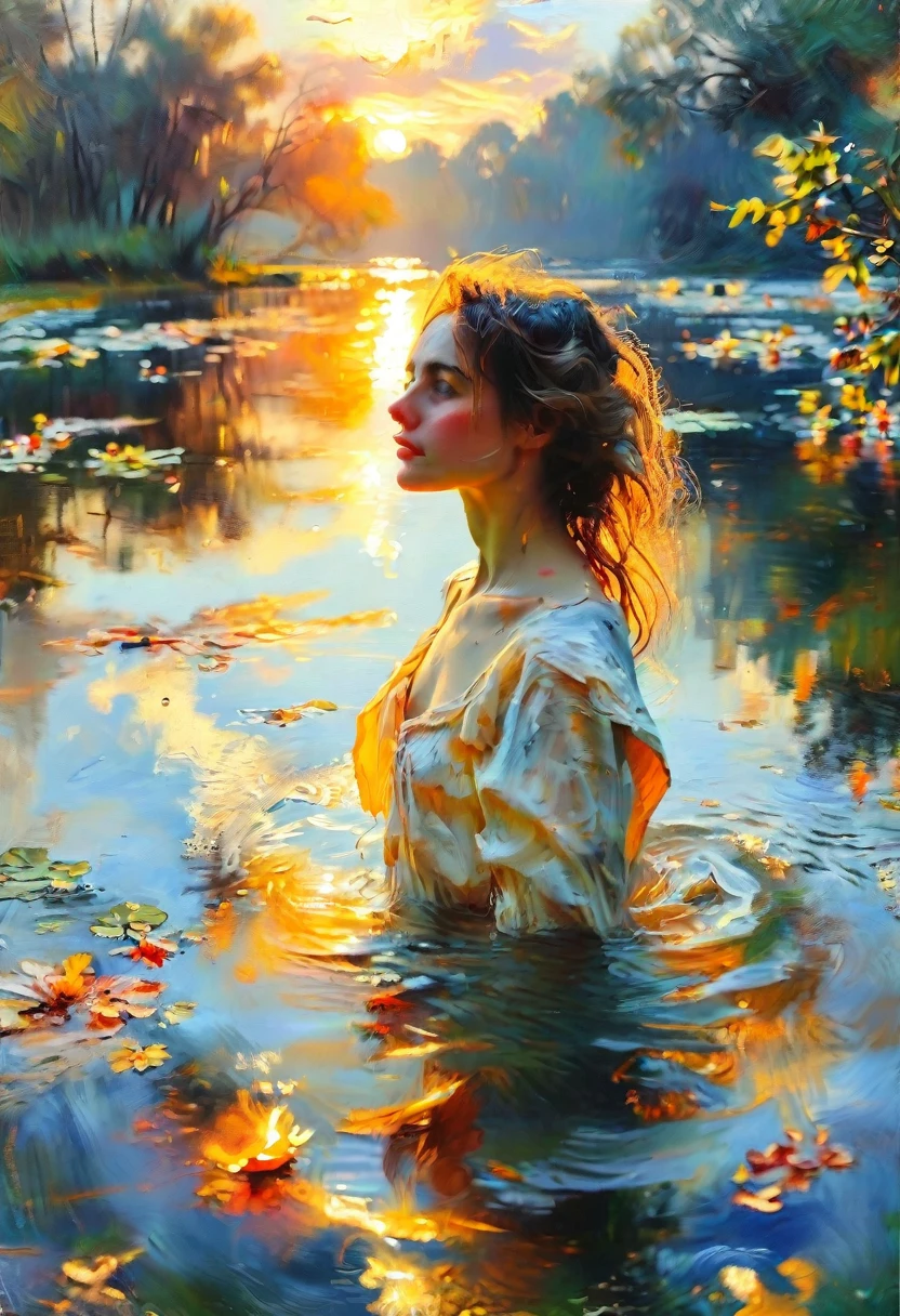 A captivating impressionist oil painting depicting the sun with a woman's face, gracefully preening itself by the tranquil waters of a lake. The Sun's face appears to be made of soft, wispy strokes of paint, blending seamlessly into the sky. The woman's reflection in the still lake water mirrors her actions, adding a surreal dimension to the scene. The overall atmosphere is serene and dreamy, with a delicate balance of colors and textures.