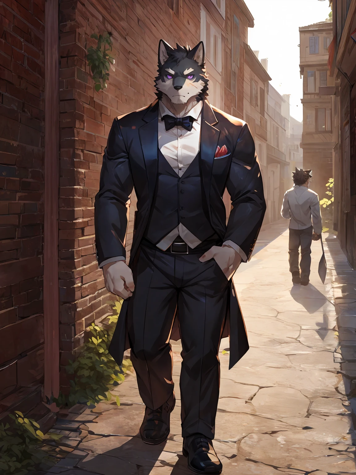 embedding:black wolf, male,purple eyes,Scar on the face, scar on the body,Single person，Black suit,With the box in his hand,Tall, mature,father，A modern manor,In the courtyard,Gravel road,Serious,Handsome, silent,Maturity,The highest quality of scene detail,adult,Tall and powerful,muscle，Exquisite scenes,Best quality hands, best quality eye，detailed fur，Delicate eyes.Extreme picture quality，by sollyz,by zixiong,by milkytiger1145