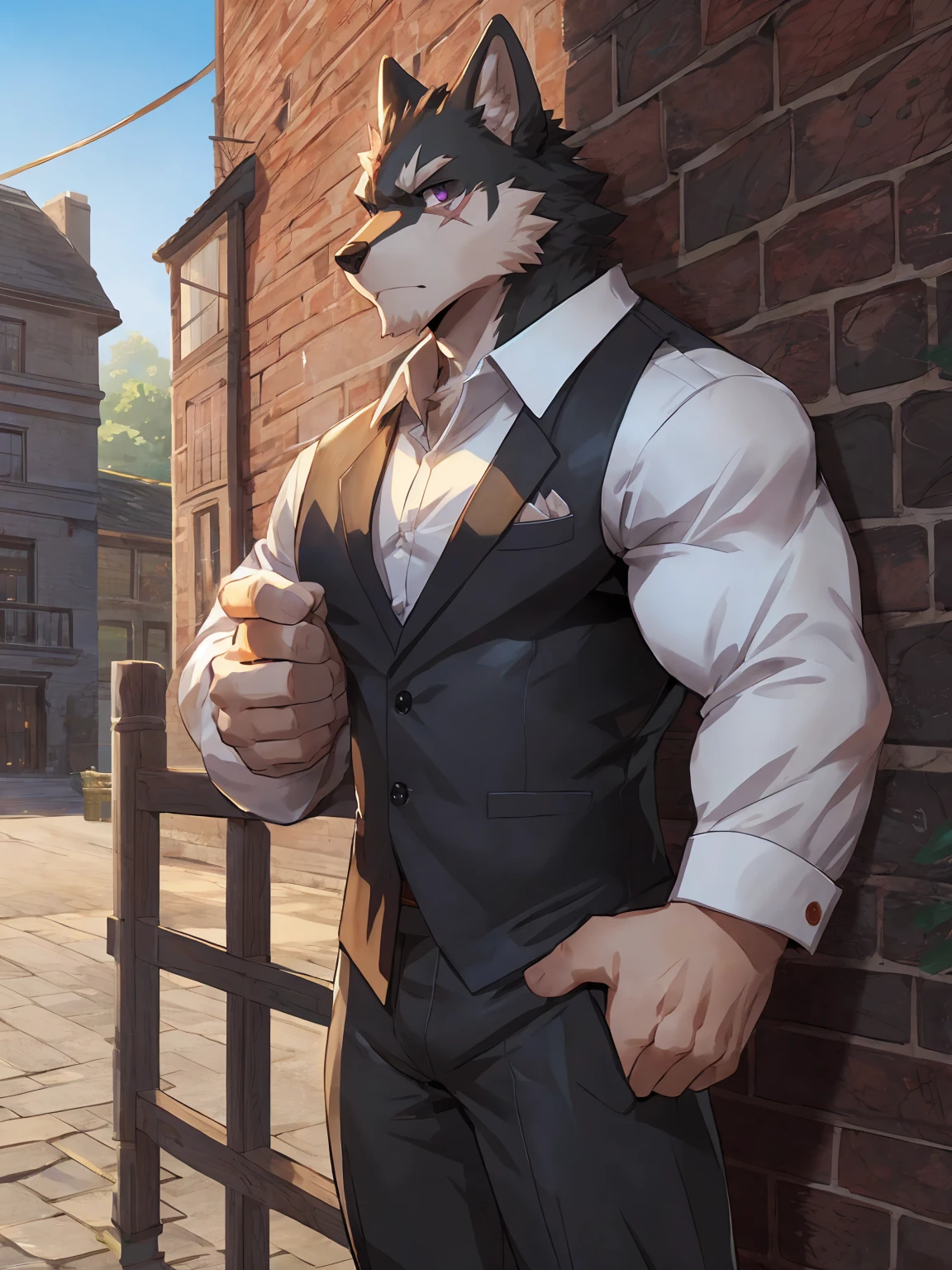 embedding:black wolf, male,purple eyes,Scar on the face, scar on the body,Single person,Black suit,With the box in his hand,Tall, mature,father,A modern manor,In the courtyard,Gravel road,Serious,Handsome, silent,Maturity,The highest quality of scene detail,adult,Tall and powerful,muscle,Exquisite scenes,Best quality hands, best quality eye,detailed fur,Delicate eyes.Extreme picture quality,by sollyz,by zixiong,by milkytiger1145