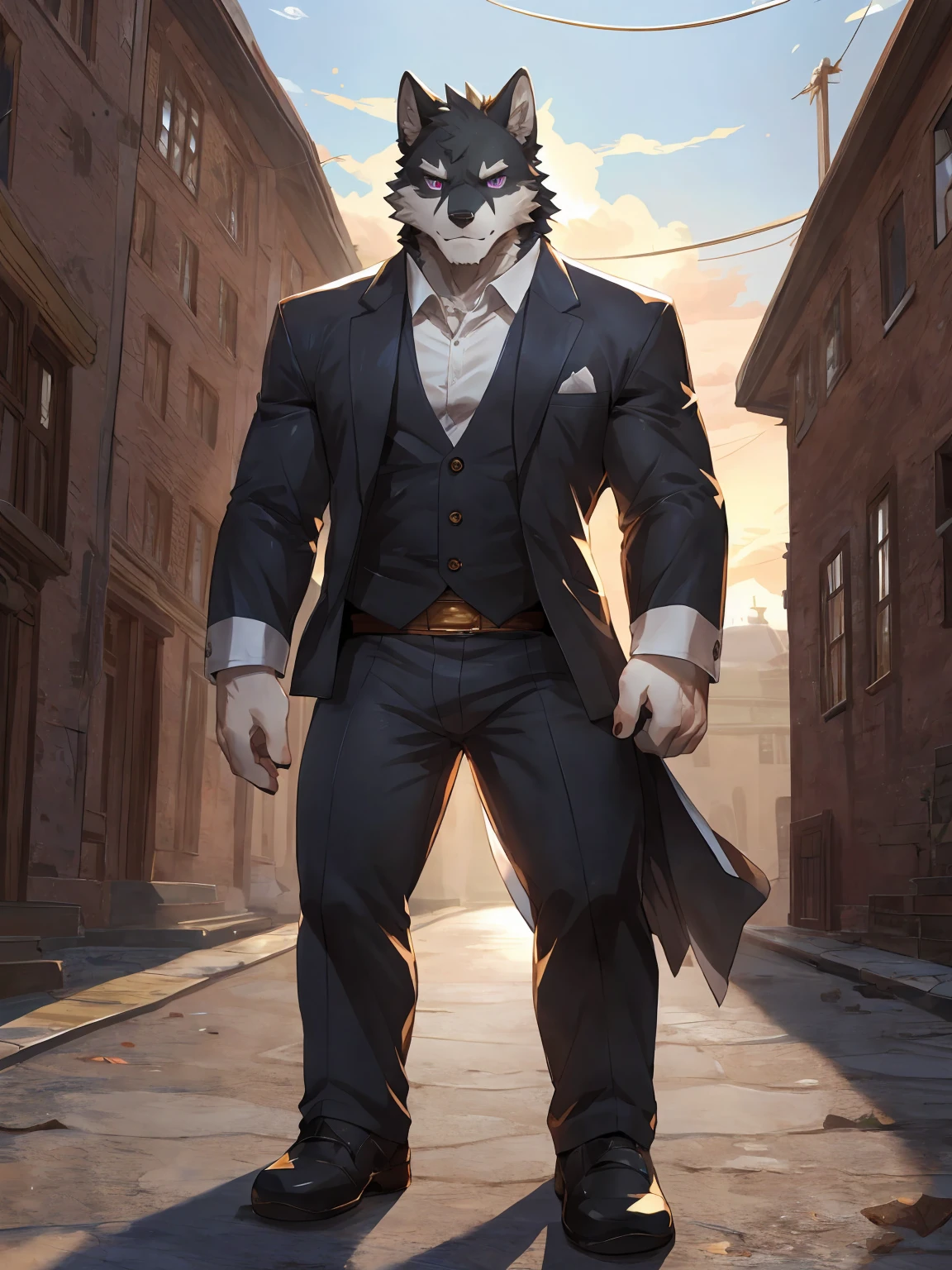 embedding:black wolf, male,purple eyes,Scar on the face, scar on the body,Single person,Black suit,With the box in his hand,Tall, mature,father,A modern manor,In the courtyard,Gravel road,Serious,Handsome, silent,Maturity,The highest quality of scene detail,adult,Tall and powerful,muscle,Exquisite scenes,Best quality hands, best quality eye,detailed fur,Delicate eyes.Extreme picture quality,by sollyz,by zixiong,by milkytiger1145