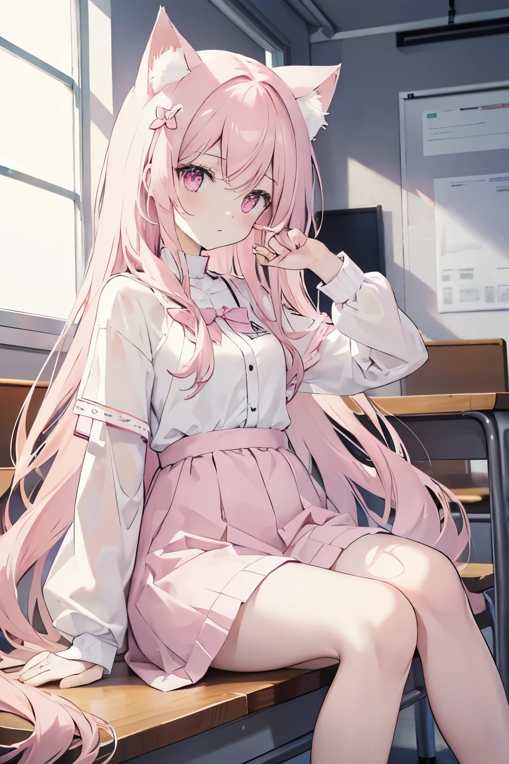 (pale pink cat ears:1.2),pale pink long hair,pink eyes sitting in classroom