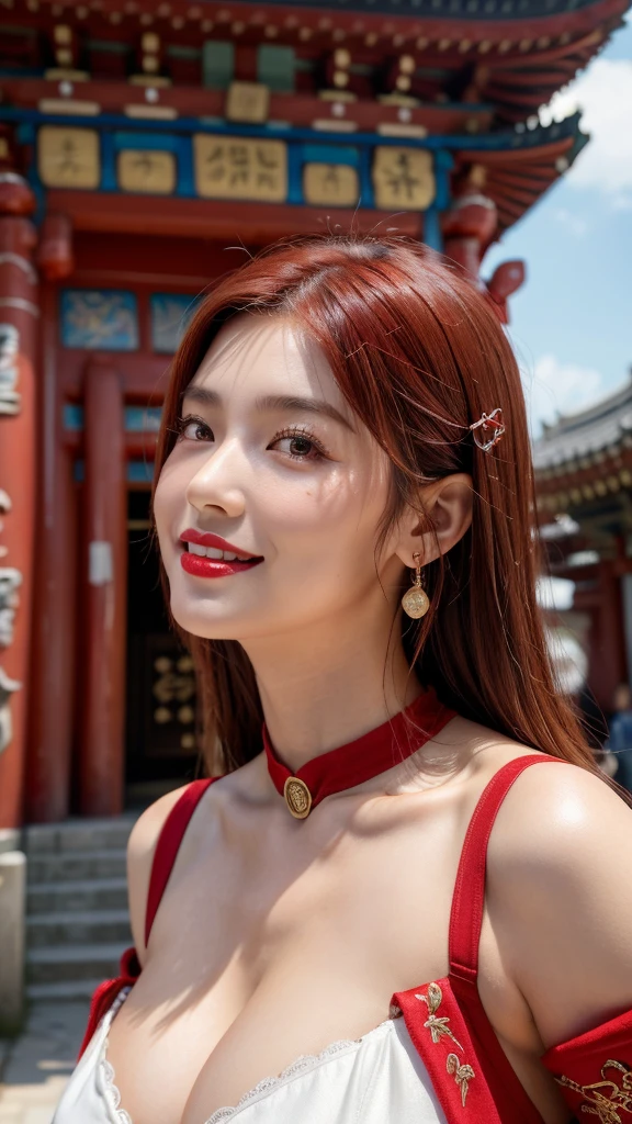 (Hyper Real), ancient shrine maiden, female shaman, giant beauty, safe, high resolution, woman, skin texture details, super high resolution, realistic, plump figure, smile, beautiful expression, red color hair, divine spirit, very delicate and detailed skin texture, (ancient luxury luxury temple), ancient priestess, cleavage, plunging neckline, big red lips , (luxurious red crop top and luxurious accessories)