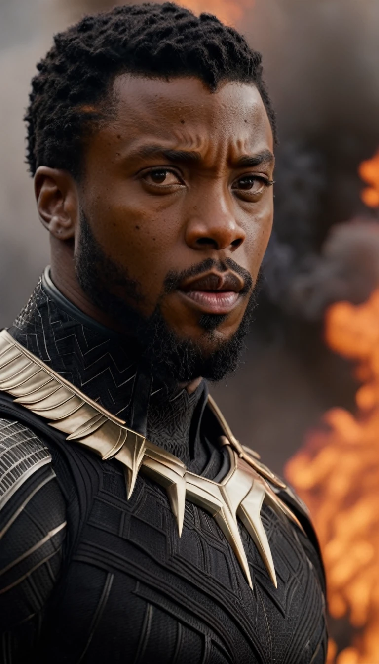 Marvel - King T'Challa, close-up, brilliant smoke and fire background, winning the great battle to save the world, masterpiece, 8K, reality