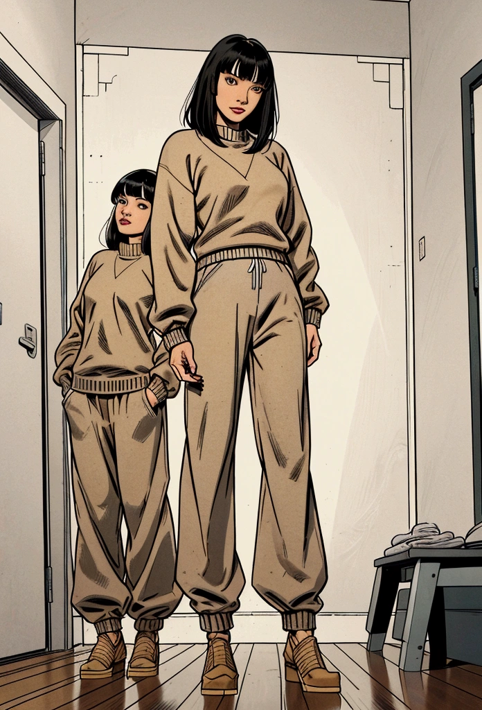 Two people. protoplast: beautiful girl, American Chinese, with bangs, medium length hair, 19 years, barely smiles, home clothes: beige knitted sweater and gray wide leg pants. Second man: Cassandra Kane, 17 years, home clothes: gray long sweater and black pants DC comic style image, color image