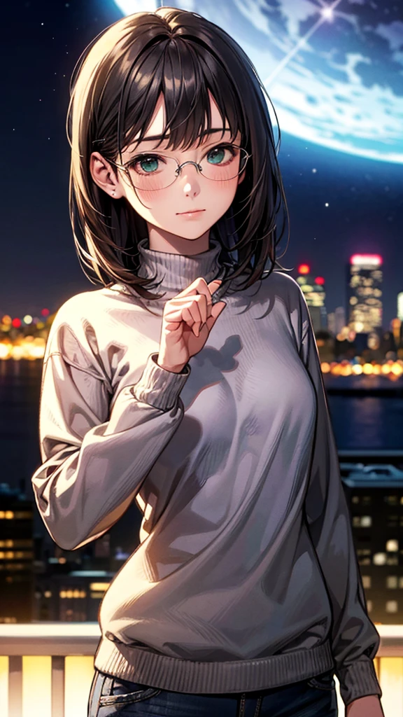 Japanese girl in casual clothes、Pay attention to your audience、green eyes、Tokyo night skyline、(highest quality、master masterpiece)))、HD fine、very detailed、master masterpiece、movie lighting、(8k、highest quality、master masterpiece:1.2)、(realistic、Photoreal:1.37) High resolution、Super detailed、woman wearing glasses、Silent expression、round glasses、Asian, cute, cute顔, alone, rough skin, Beautiful smile, Beautiful and detailed night sky, night view, movie lighting, written boundary depth, lens flare light、date、(blush your nose)、、(closed your mouth)small breasts、beautiful detail eyes、(sweater:1.1)、