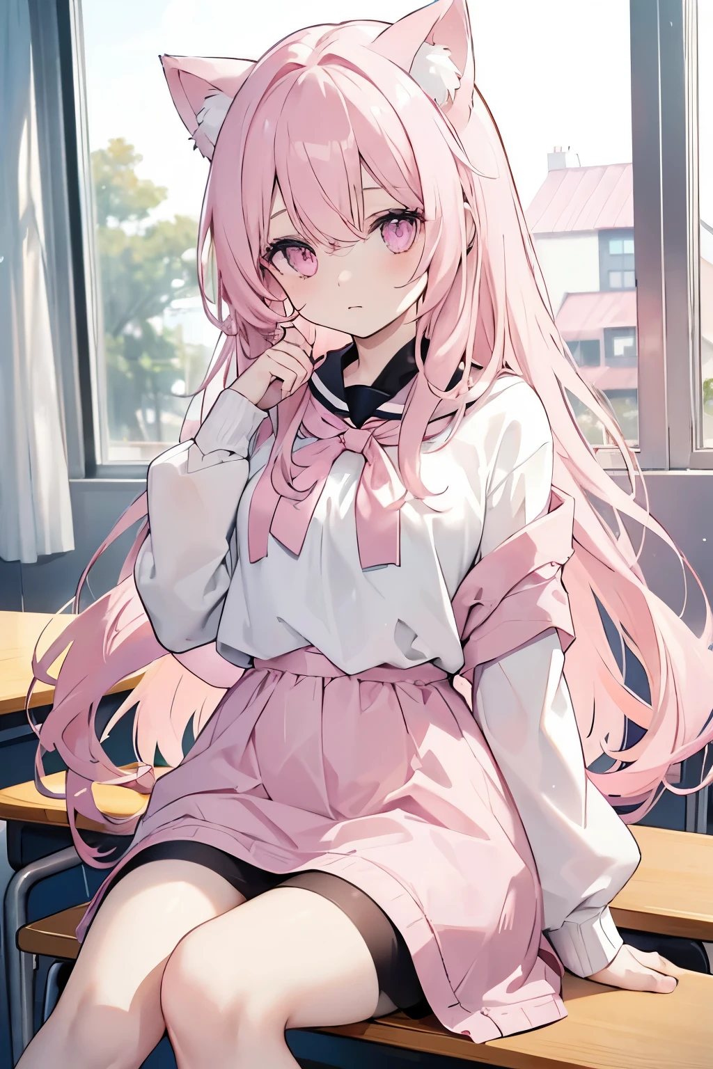 (pale pink cat ears:1.2),pale pink long hair,pink eyes sitting in classroom
