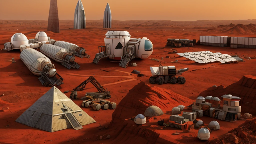 Mars base construction,On the red Martian soil,There are high-rise buildings and ultra-modern houses,There are neatly arranged solar panels harnessing solar energy,A pyramid structure built by a mechanical machine with claws,There are transporters transporting bricks,Realistic,Don't use bells and whistles,The proportion of changes in the original picture is small,4K