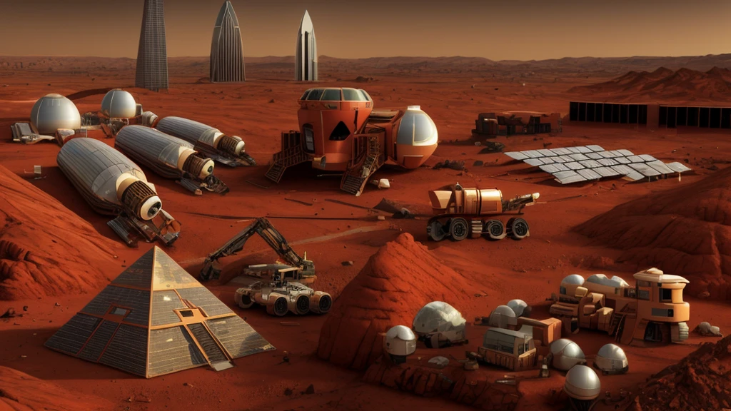 Mars base construction，On the red Martian soil，There are high-rise buildings and ultra-modern houses，There are neatly arranged solar panels harnessing solar energy，A pyramid structure built by a mechanical machine with claws，There are transporters transporting bricks，Realistic，Don't use bells and whistles，The proportion of changes in the original picture is small，4K