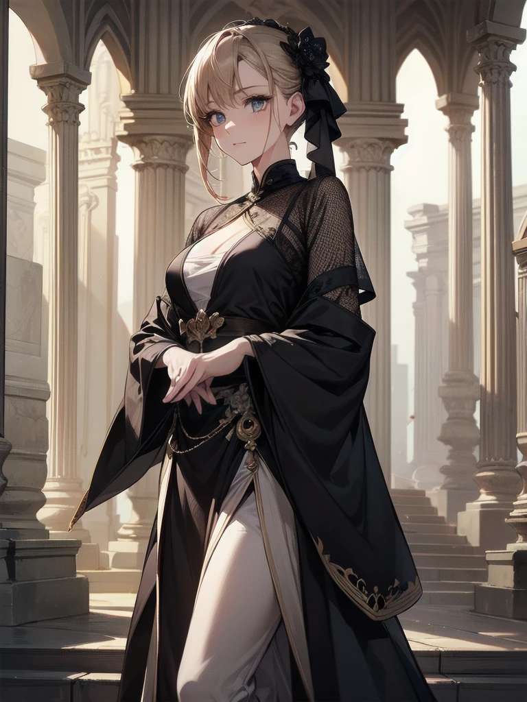 Inside unimaginable ancient ruins、In a corner where a mysterious light shines in、A neat and beautiful girl is standing。her perfect face、It is further highlighted by the artistic shading effect.。Her costume is drawn with realistic materials and textures.、in harmony with ancient ornaments、Carefully expressed down to the smallest detail。The girl is、He is staring at me with a sly gesture.、That moment is as dynamic as a scene from a movie.。This illustration、The design brings out the cuteness of the main heroine to the fullest.、High quality and extremely detailed、Missing arm、