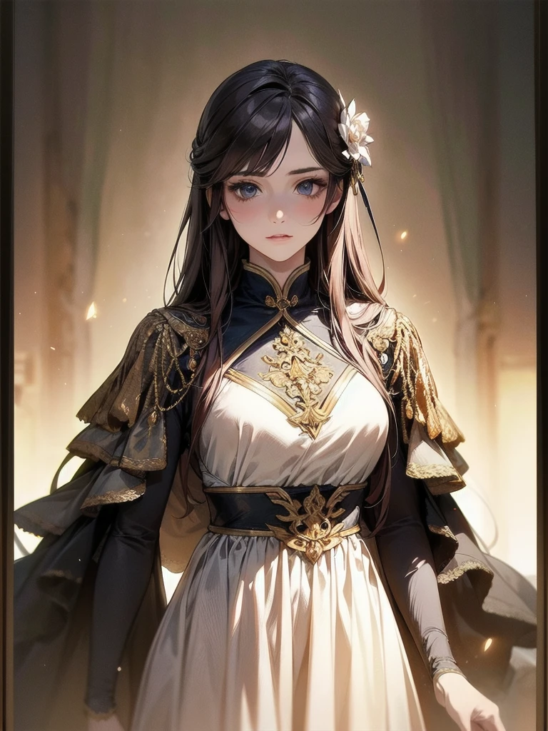 Inside unimaginable ancient ruins、In a corner where a mysterious light shines in、A neat and beautiful girl is standing。her perfect face、It is further highlighted by the artistic shading effect.。Her costume is drawn with realistic materials and textures.、in harmony with ancient ornaments、Carefully expressed down to the smallest detail。The girl is、He is staring at me with a sly gesture.、That moment is as dynamic as a scene from a movie.。This illustration、The design brings out the cuteness of the main heroine to the fullest.、High quality and extremely detailed、Missing arm、