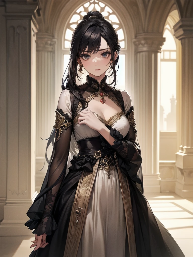 Inside unimaginable ancient ruins、In a corner where a mysterious light shines in、A neat and beautiful girl is standing。her perfect face、It is further highlighted by the artistic shading effect.。Her costume is drawn with realistic materials and textures.、in harmony with ancient ornaments、Carefully expressed down to the smallest detail。The girl is、He is staring at me with a sly gesture.、That moment is as dynamic as a scene from a movie.。This illustration、The design brings out the cuteness of the main heroine to the fullest.、High quality and extremely detailed、Missing arm、