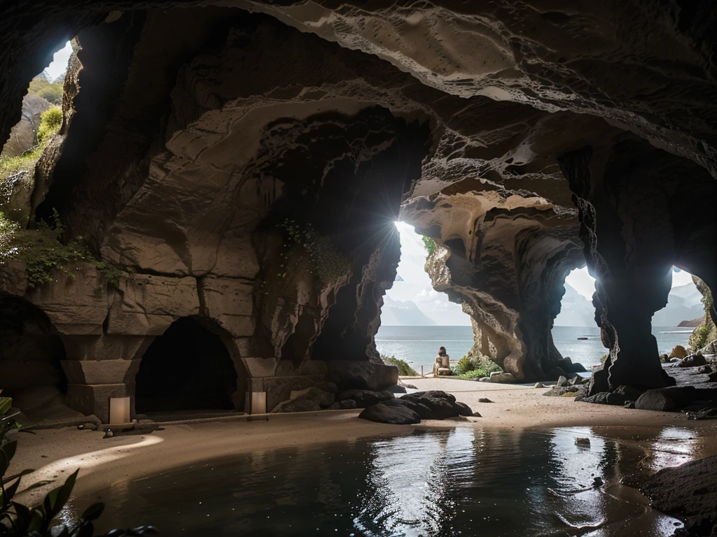 The cafe restaurant is located in a cave overlooking a steep bank, (view from the beach into the cave: 1.2), climbing plants, surrounding greenery, cool weather, modern style bedroom, large glass doors, (thermal landscape). fragrant),
