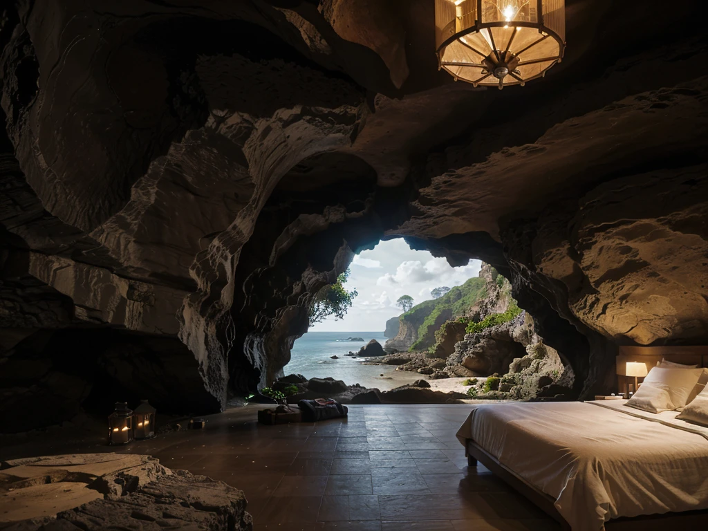 The cafe restaurant is located in a cave overlooking a steep bank, (view from the beach into the cave: 1.2), climbing plants, surrounding greenery, cool weather, modern style bedroom, large glass doors, (thermal landscape). fragrant),