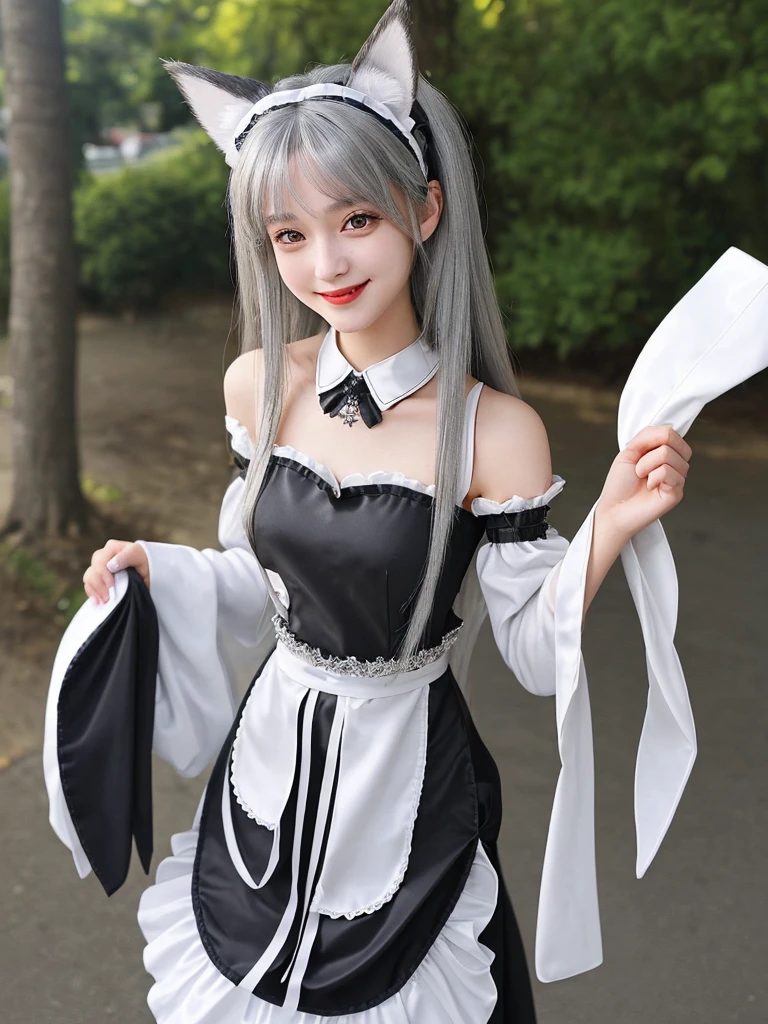 Silver semi-long hair smile Beautiful face like an actress Maid Costume Outdoor Dog ears