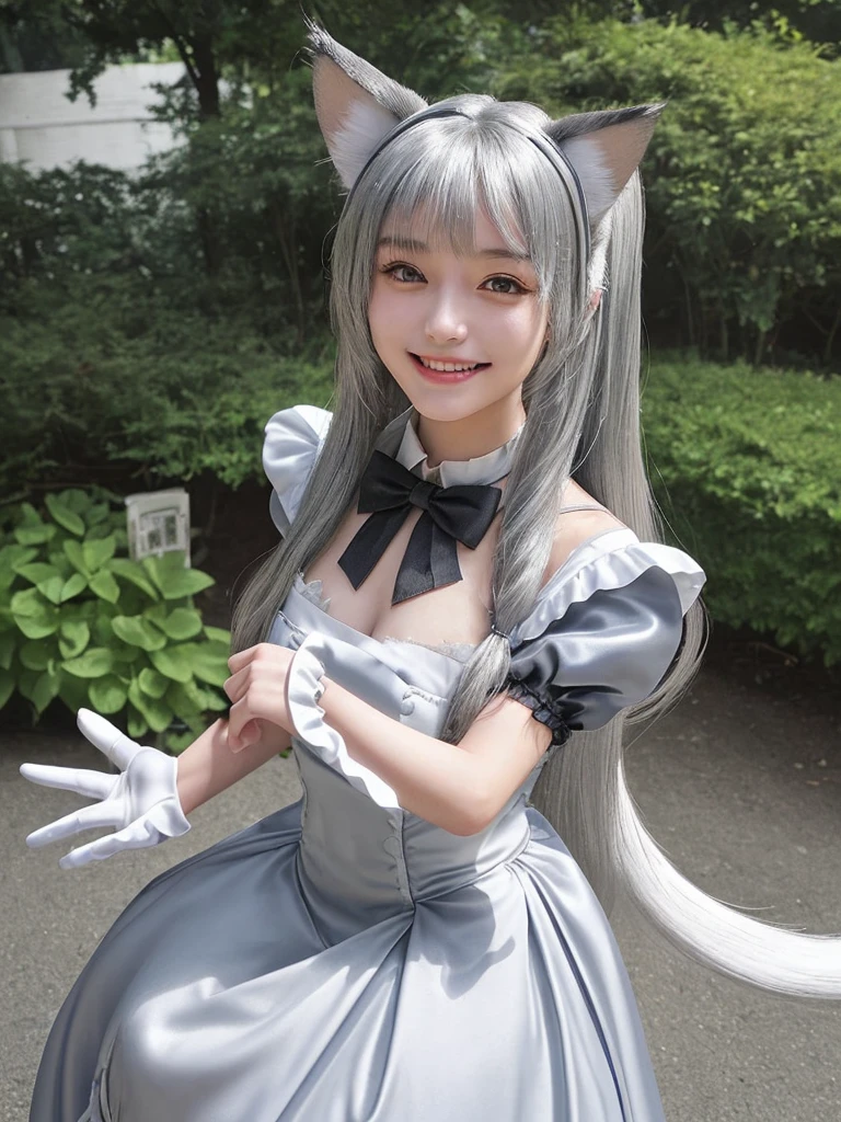 Silver semi-long hair smile Beautiful face like an actress Maid Costume Outdoor Dog ears