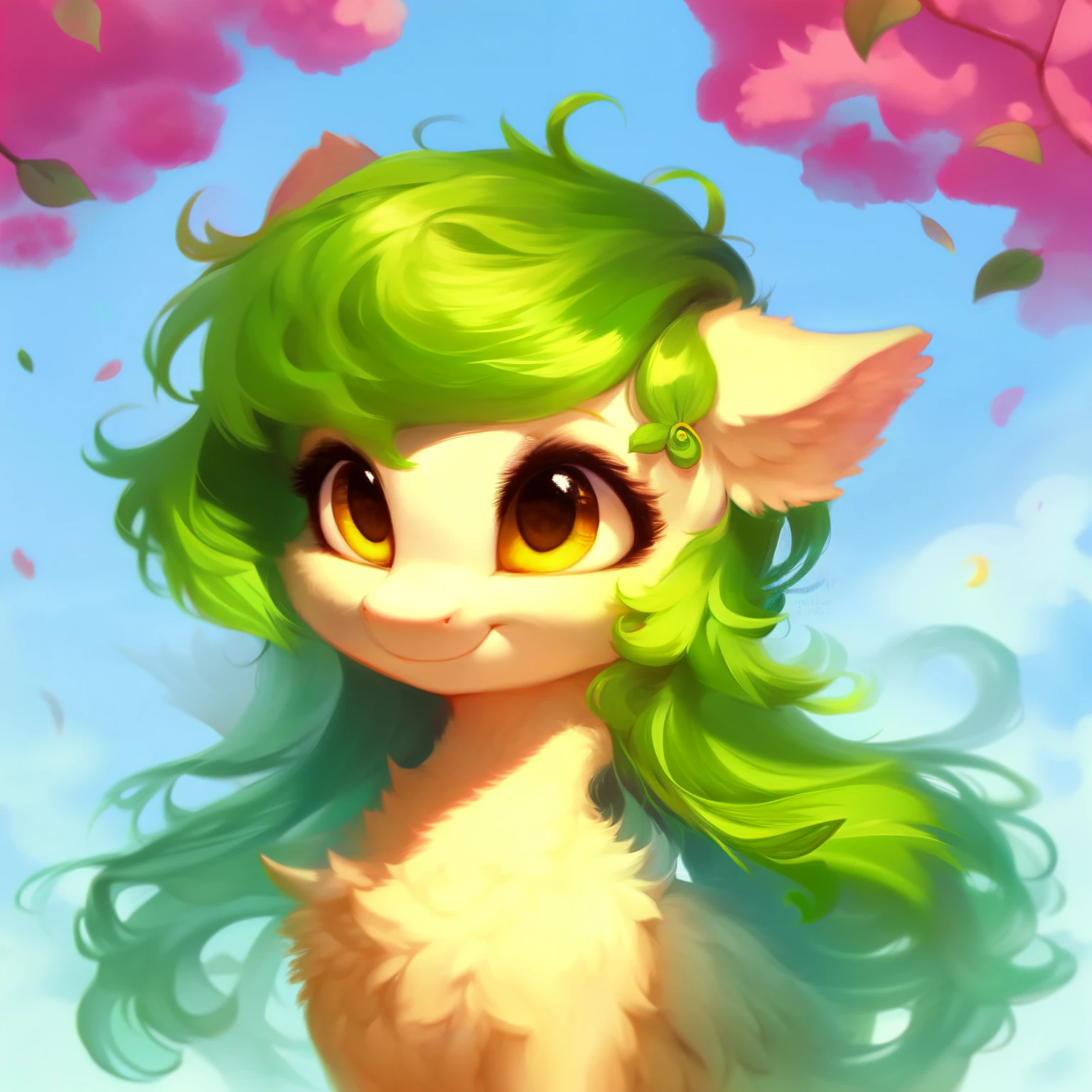 rating_safe, score_9, fluffy, a child , a little pegasus pony with spread wings.round cute face。She had white skin, Moss green mane, long mane,a happy smile, and innocent and clear golden eyes. happily,Childlike innocence。only 2 wings。She is a spiritually curious child。very cute,a child,small