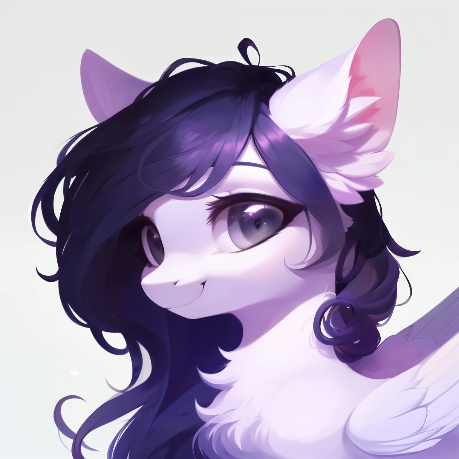 rating_safe, score_9, fluffy, feral pegasus pony, female,round cute face， Light purple body, black-purple mane, disheveled hair, soft and delicate long hair, clear and proud with a hint of tenderness in grey eyes, grey eyes, smiling. dynamic。young and beautiful
