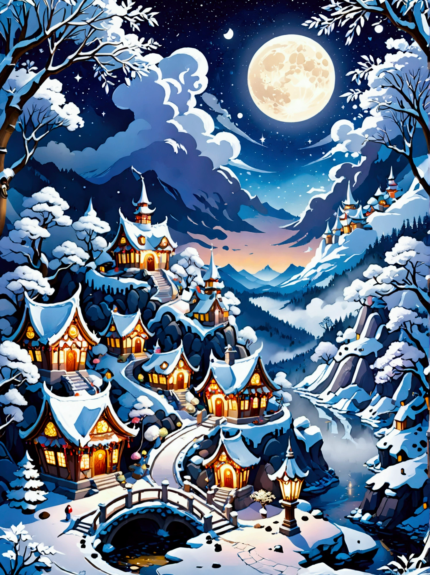 (masterpiece), (Super detailed:1.3), Best quality, (Shiny:1.2), (A winter wonderland village in fantasy and mythology:1.4), (Van Gogh style wonderland architecture：1.5), (The moon is empty), (Fresh，cold，Mountains，White mist，illusory，broad，bamboo forest，Frost Flower，diamond，breeze，Bamboo Leaves，Heaven，lake，ice，Lingzhi，ancient，pavilion，mural，Ride the clouds，sacred，peaceful，peaceful，extraordinary，beauty，peaceful，detail，energy，Pleasure，isolated，Treasure，nature，magic，creativity), Illustration style and decoration，Winter wonderland，Cute design style，night，Snowfield，Full Moon，Vivid colors，(Weird and charming fantasy), Hyperreal Portraits，(Fantasy-themed winter), (A strange wonderland), (Rich多彩，Landscape full of candy), (charming，magic的生物), (One full of energy，Palace surrounded by fog), (White Cloud Road), (Fairyland castle in the distance), (Like a mirror，不对称的masterpiece钟表配件), (Rich，Fantastical colors), (Twinkling Stars), promote，(four dimensional dream), (迷人charming氛围), (Playful composition), (生动的Light and shadow effects), 1.4 times more realistic，超High Definition，展现在这个beauty的场景中，(Very detailed，Reasonable design，Clear lines，High Definition，masterpiece，Official Art，Light and shadow effects，8k)