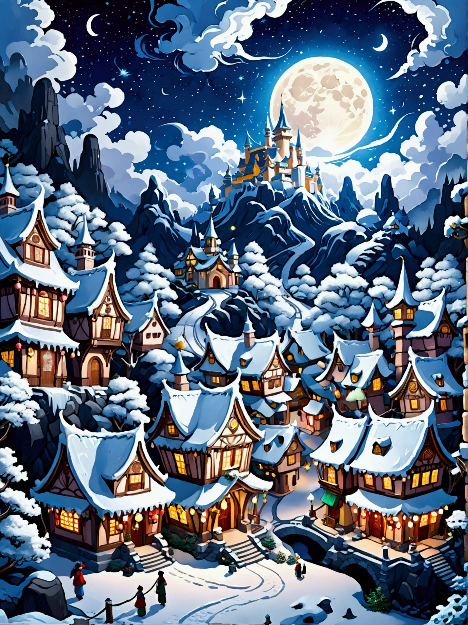 (masterpiece), (Super detailed:1.3), Best quality, (Shiny:1.2), (A winter wonderland village in fantasy and mythology:1.4), (Van Gogh style wonderland architecture：1.5), (The moon is empty), (Fresh，cold，Mountains，White mist，illusory，broad，bamboo forest，Frost Flower，diamond，breeze，Bamboo Leaves，Heaven，lake，ice，Lingzhi，ancient，pavilion，mural，Ride the clouds，sacred，peaceful，peaceful，extraordinary，beauty，peaceful，detail，energy，Pleasure，isolated，Treasure，nature，magic，creativity), Illustration style and decoration，Winter wonderland，Cute design style，night，Snowfield，Full Moon，Vivid colors，(Weird and charming fantasy), Hyperreal Portraits，(Fantasy-themed winter), (A strange wonderland), (Rich多彩，Landscape full of candy), (charming，magic的生物), (One full of energy，Palace surrounded by fog), (White Cloud Road), (Fairyland castle in the distance), (Like a mirror，不对称的masterpiece钟表配件), (Rich，Fantastical colors), (Twinkling Stars), promote，(four dimensional dream), (迷人charming氛围), (Playful composition), (生动的Light and shadow effects), 1.4 times more realistic，超High Definition，展现在这个beauty的场景中，(Very detailed，Reasonable design，Clear lines，High Definition，masterpiece，Official Art，Light and shadow effects，8k)