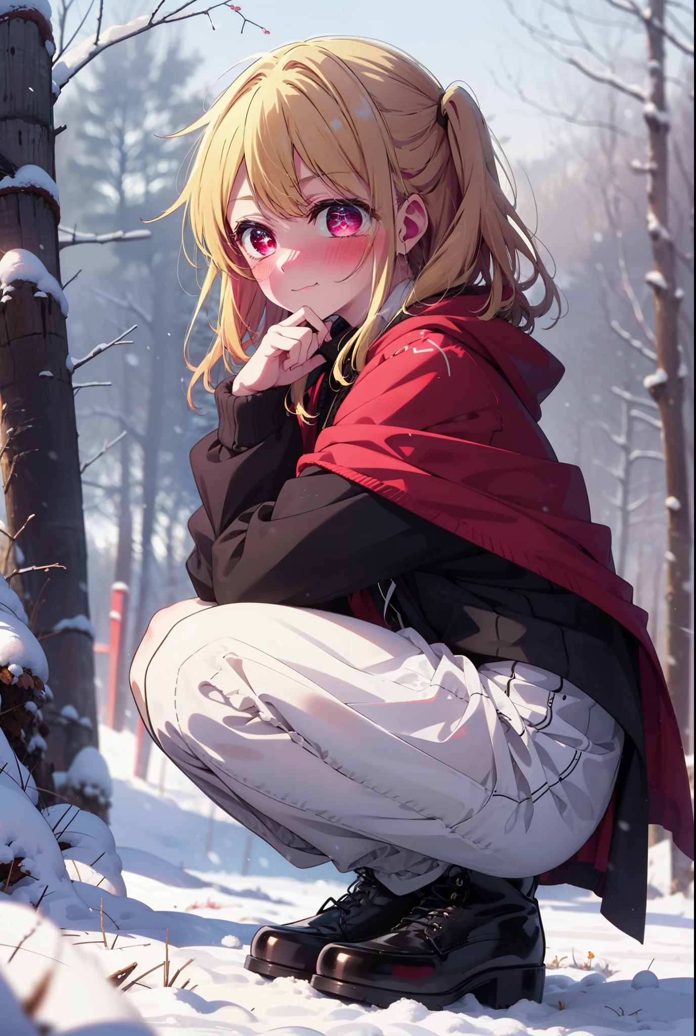 rubyhoshino, Hoshino Ruby, Long Hair, bangs, blonde, (Pink Eyes:1.3), Side Lock, (Symbol-shaped pupil:1.5), Multicolored Hair, Two-tone hair, smile,,smile,blush,white breath,
Open your mouth,snow,Ground bonfire, Outdoor, boots, snowing, From the side, wood, suitcase, Cape, Blurred, , forest, White handbag, nature, Squat, Mouth closed, Cape, winter, Written boundary depth, Black shoes, red Cape break looking at viewer, Upper Body, whole body, break Outdoor, forest, nature, break (masterpiece:1.2), Highest quality, High resolution, unity 8k wallpaper, (shape:0.8), (Beautiful and beautiful eyes:1.6), Highly detailed face, Perfect lighting, Extremely detailed CG, (Perfect hands, Perfect Anatomy),