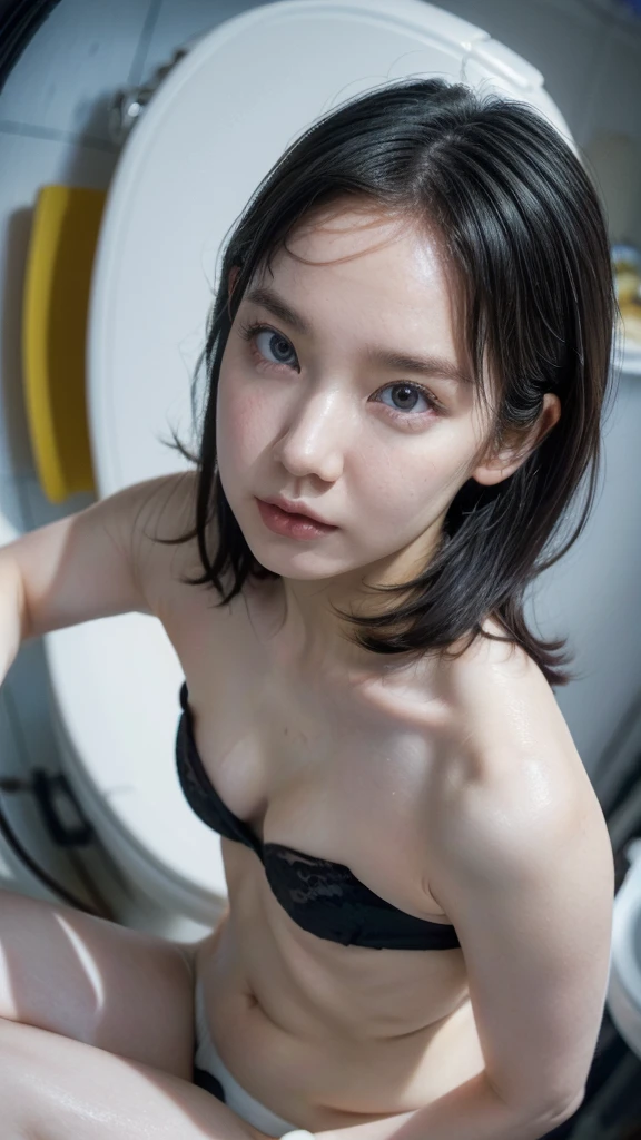 ((Highly detailed CG unit 8K wallpaper, masterpiece, High resolution, Highest quality)), (((Beautiful woman with dark hair, Model-like posture, Street fashion, Wearing a black bra:1.2, Wearing white micro mini shorts:1.2)), ((Highly detailed face, Highly detailed black eyes, Highly detailed body, Highest qualityのリアルテクスチャスキン)), (White skin:1.2, Exposed abdomen), (Brightly painted walls), (High Angle, Fisheye Lens:1.3), Surreal, Digital Painting,((In the toilet))