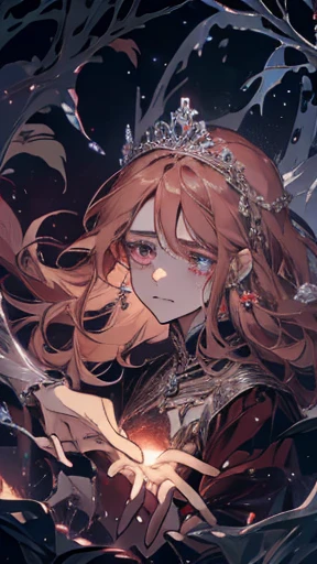 Princess is crying, scared, wide eyes, dark room, dark red crystals pointing at the princess, praying, asking for help, chains, dry leaves, dry branches, haunting